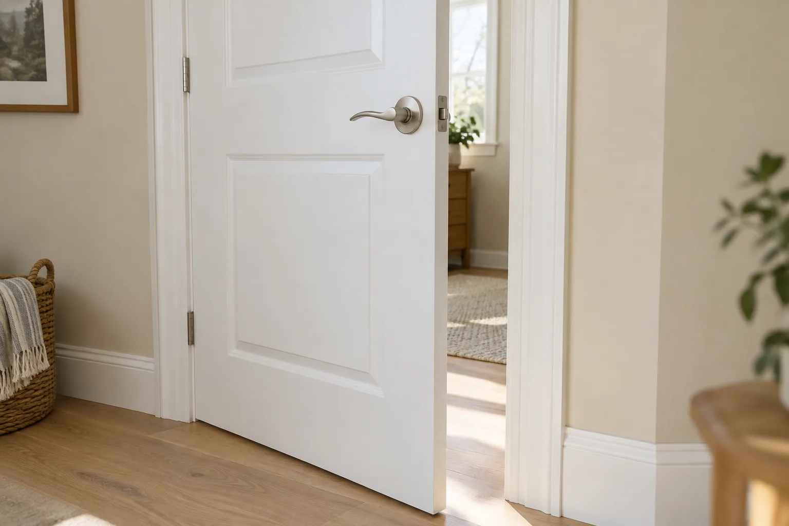 A neatly finished white door with nickel hardware and clean trim