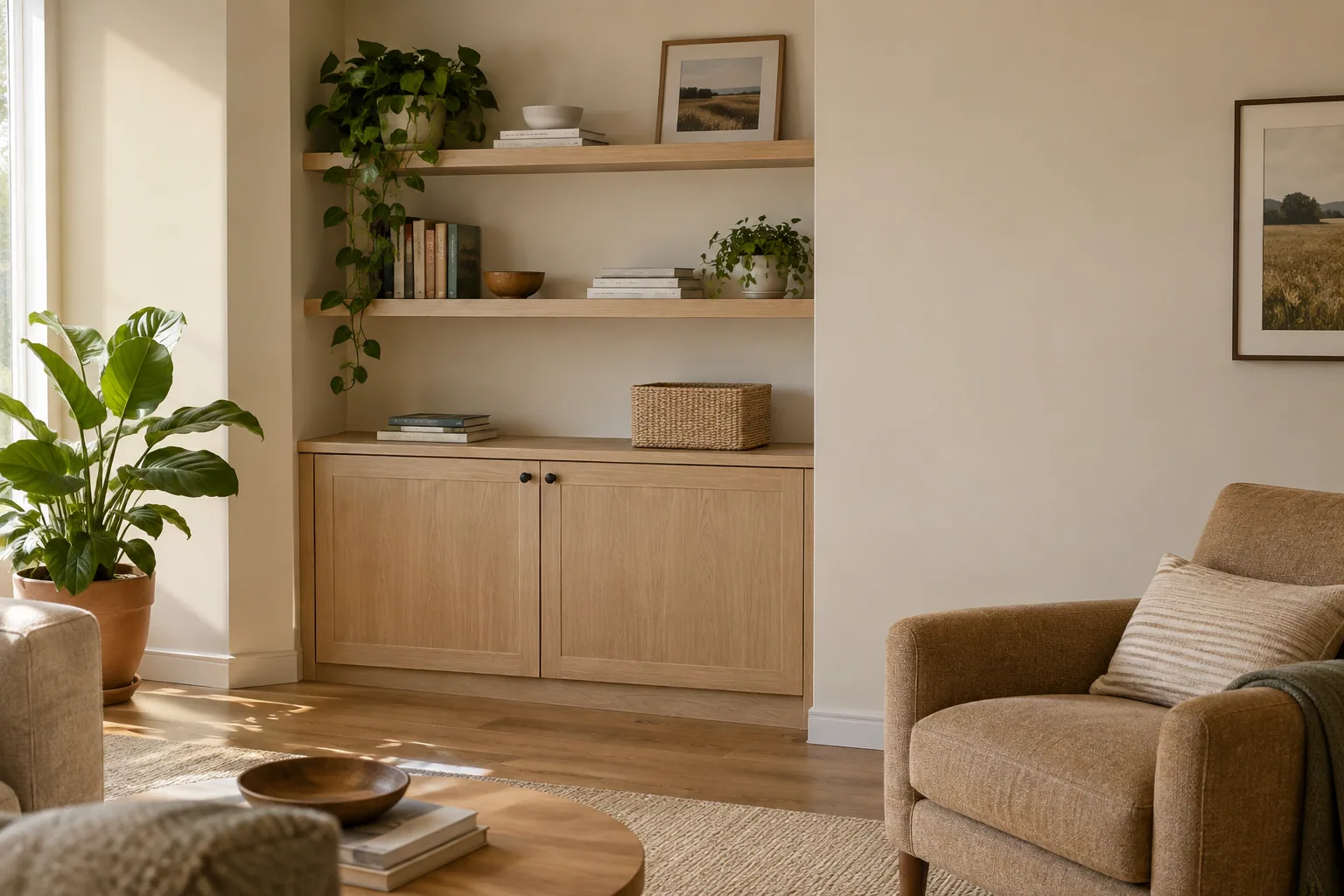 Simple oak storage and neatly finished walls and trim
